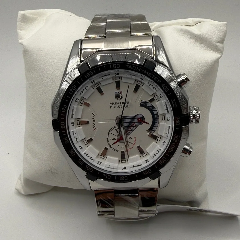 Montres Prestige Mens Chronograph Watch Silver White Tachymeter MPW-0097 NEW